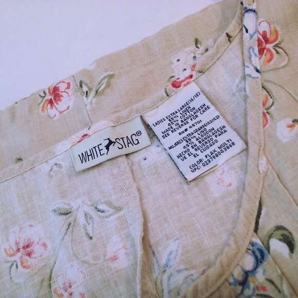 Vintage 90s White Stag Linen Floral Maxi Dress XL Pin-Tucks Side-Slits Belted - Picture 10 of 13